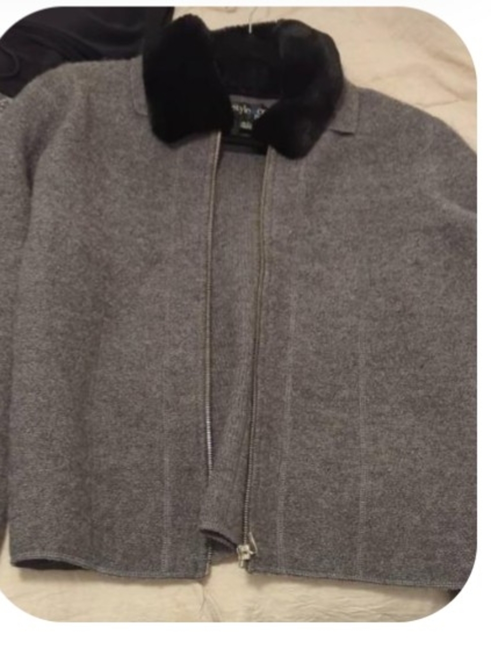 Style & Co. Petite Gray 100% Wool Zip Jacket with Black Faux Fur Collar